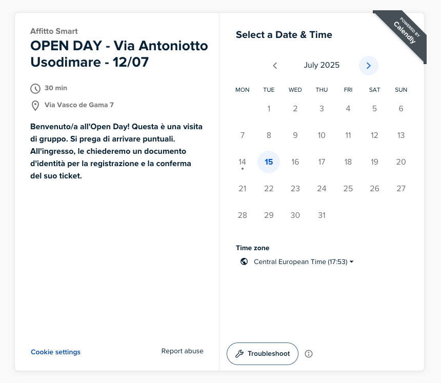 Esempio di prenotazione orario su Calendly
